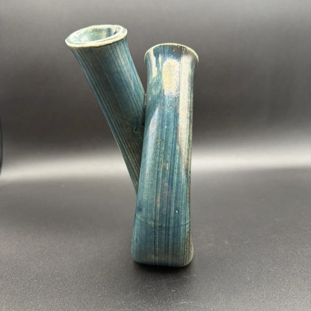 Vintage Handmade Signed Studio Art Pottery Double Bud Vase Blue Glaze Ikebana